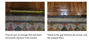 Two pictures of the damaged floor of the Fitzrovia Chapel London